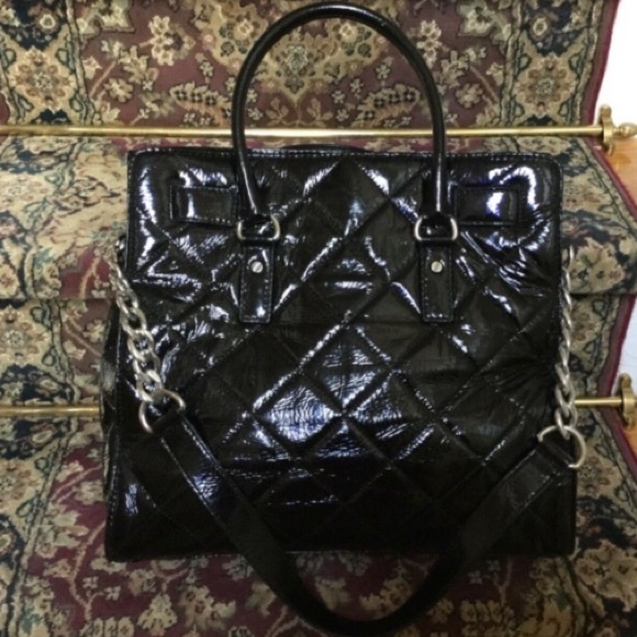 Michael Kors HAMILTON Black PATENT LEATHER Quilted Satchel Handbag Shoulder Bag - Picture 5 of 15
